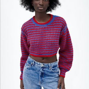 Zara Cropped Knit Sweater With Balloon Sleeves Size Large
